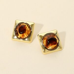 Brown Marbled Center Square Stud Fashion Jewelry Earrings Gold Frame Accessories